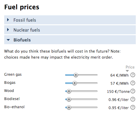 Biomass costs sliders