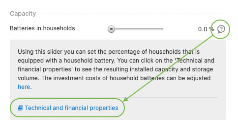 A screenshot from the ETM showing a question mark button which shows slider information, and a 'Technical and financial properties' button which shows detailed information about the battery