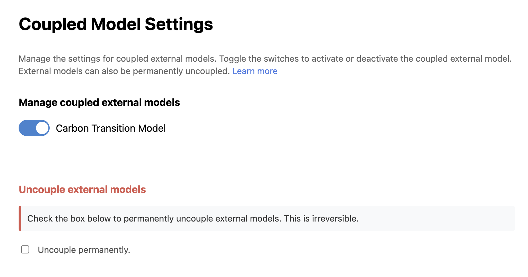 A screenshot from the ETM showing the settings for coupled external models